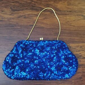 Blue Floral Sequin Chic Feminine Romantic Whimsigoth Retro Evening Clutch Bag